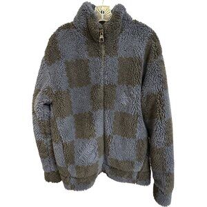 Louis Vuitton Mens Checkered Sherpa Fleece Jacket L Gray & Blue Made In Italy